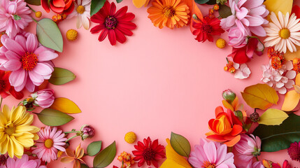 vibrant flowers with vivid colors with border shapes, A colorful and beautiful and colorful border of hibiscus flowers in a rainbow of colors with various surrounding flowers in frame or border style.