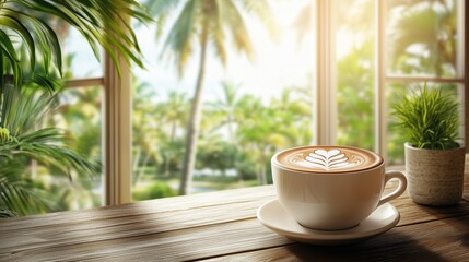 A cup of coffee with latte art depicting palm trees, placed on the wooden table in front of large windows overlooking tropical gardens.