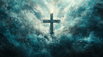 Stone cross amidst dramatic, stormy clouds; divine light breaks through.