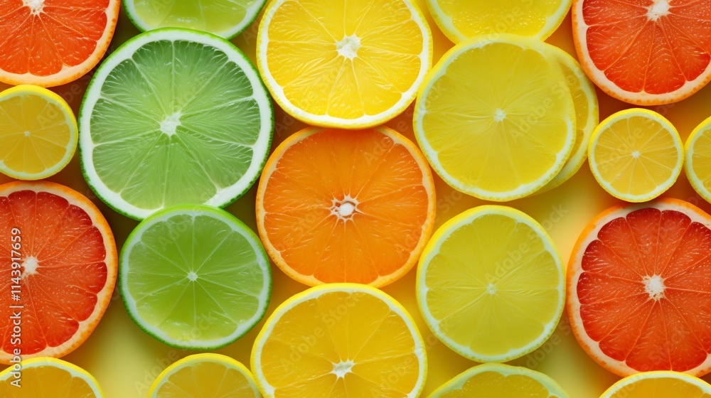 Poster vibrant cross sections of oranges lemons and limes arranged in a repeating pattern against a gradien