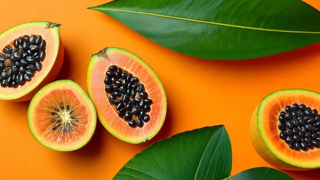 Close up of a cut open orange with a green leaf next to it. Concept of freshness and health, as the bright orange fruit and green leaf are both associated with vitality and well-being