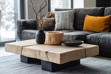 Obraz premium Modern living room with rustic wooden coffee table and cozy sofa in stylish interior design