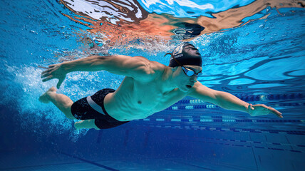 Professional swimmer diving into a clear blue pool, wearing a black swimming cap and blue goggles, captured underwater in a dynamic pose with arms stretched out. Splash, bubbles, and shimmering water 