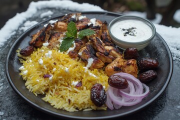 plate of biryani, chicken, and dates with cream on the side. Chicken Kabsa - Homemade Arabian biryani 