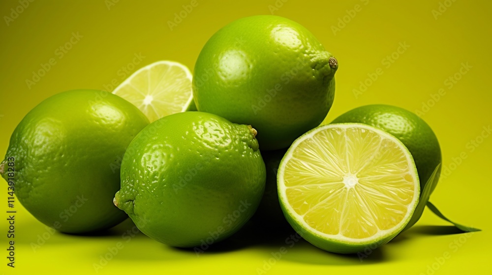 Poster bright green limes with smooth skin and a glossy finish arranged in a minimalist studio setup on a l