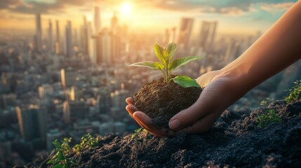 Fototapeta premium A hand holds a small plant above a city skyline at sunset, symbolizing hope and environmental sustainability.