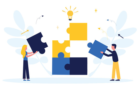 Business concept. Team metaphor. People connect puzzle elements. Flat illustration in flat design style. Teamwork, collaboration, partnership. Businessmen working together and moving towards success.