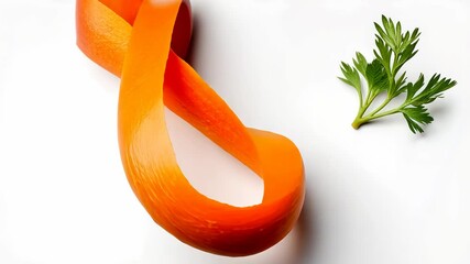 Carrot is cut into a spiral shape and has a green leaf on top. Concept of creativity and playfulness, as the carrot is transformed into a unique and unconventional shape