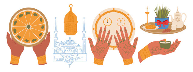 Traditional Muslim holidays. Novruz festival, henna night, Ramadan Mubarak celebration, Turkish tulip festival, Eid al-Adha