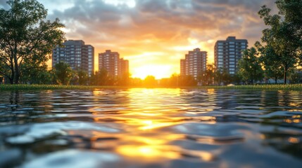 Sunset over flooded urban park with city buildings reflected in water