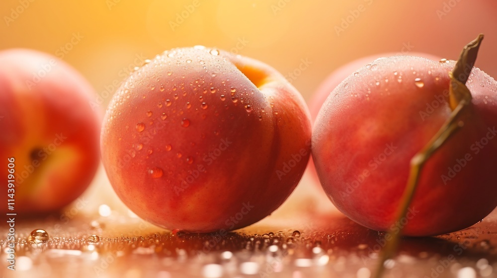 Aufkleber closeup of shiny dewy nectarines against a soft peachy colored background the nectarine s surface re