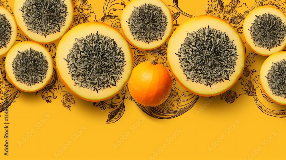 Poster rendering of fresh juicy tropical melons with intricate textured patterns set against a mellow yello