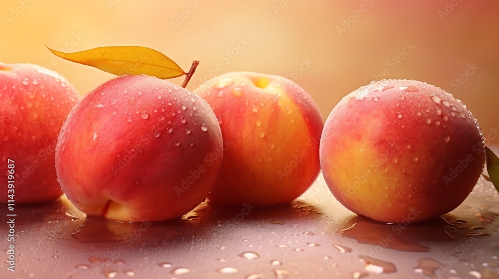 Poster juicy and shimmering nectarines with a dewy surface resting on a soft peach colored background a del