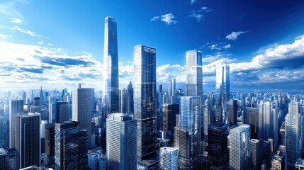 Fototapeta premium stunning aerial view of modern urban district featuring tall skyscrapers under bright blue sky with fluffy clouds. cityscape showcases contemporary architecture and vibrant energy
