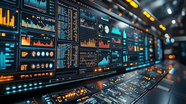 Futuristic data analysis dashboard. A detailed futuristic dashboard with vibrant charts, graphs, and data visualizations in blue and orange tones, representing advanced analytics and technology. 