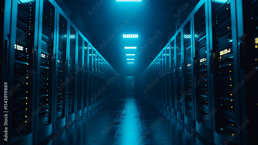 Aufkleber a long corridor in a modern data center with server racks, symbolizing data storage and cloud comput