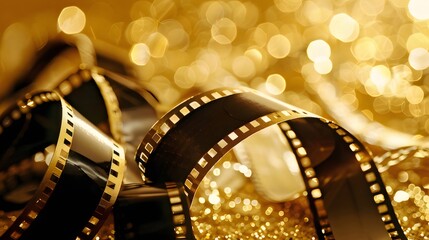Close-up of film reel on gold glitter background.