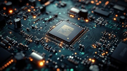 Fototapeta premium Close-up of a central processing unit (CPU) on a circuit board.