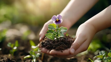 Fototapeta premium A Child’s Hands Gently Cradling a Small Purple Flowering Plant Surrounded by Fresh Soil and Green Leaves Under a Warm Sunlight Glowing in a Garden Setting