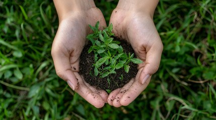 Hands Holding Fresh Green Plant Seedlings in Soil Surrounded by Lush Grass, Symbolizing Growth, Nature, and Environmental Care in a Natural Setting