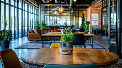 Fototapeta premium Modern office interior with wooden tables, plants, and comfortable seating.