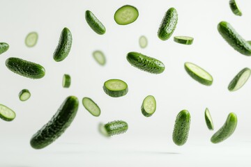 Fresh cucumbers floating in the air against a neutral background creating a playful kitchen atmosphere