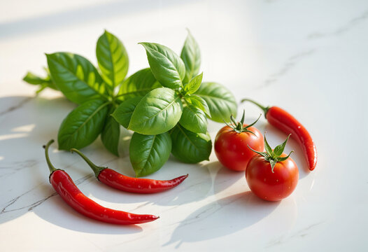 Composizione di basilico pomodori e peperoncino