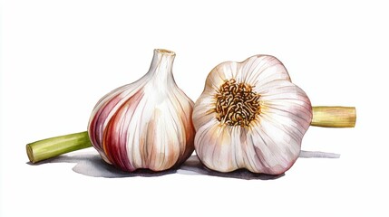 Fresh garlic bulbs with green stems on a white background.