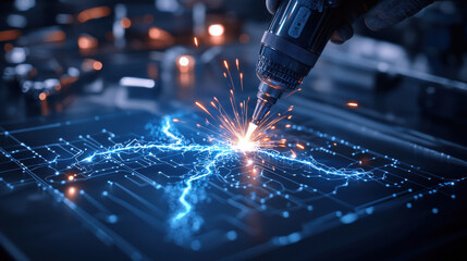 welder creates artistic metalwork, generating sparks and electric arcs in workshop. scene captures fusion of technology and craftsmanship, showcasing intricate designs