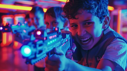 Cheerful Children Engaged in an Exciting Laser Tag Game, Laughing and Bonding in a Neon-Lit Entertainment Center