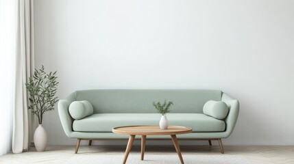 Minimalist living room interior with sage green sofa, wooden coffee table, and plants.