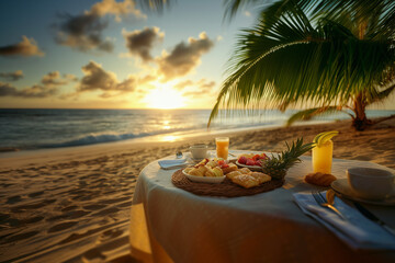 Beachside Breakfast with Pastries and Fresh Fruit at Sunrise