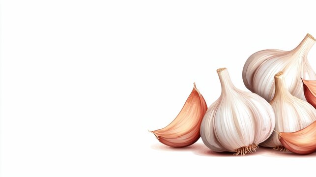 Fresh garlic bulbs and cloves arranged on a white background