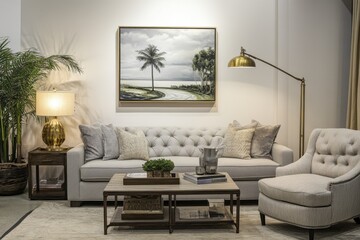 Cozy living room featuring modern furniture with a serene landscape painting and stylish decor