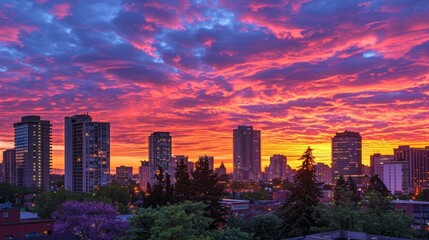 Fototapeta premium Breathtaking sunset silhouettes of urban skyline and skyscrapers showcasing city s grandeur