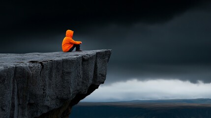 Solitude on the Cliff's Edge: A lone figure in a vibrant orange hoodie sits pensively on a cliff edge, gazing out at a dramatic, stormy seascape. The image evokes feelings of contemplation.