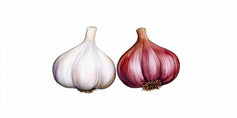 Obraz premium Garlic bulbs in white and red varieties on a white background