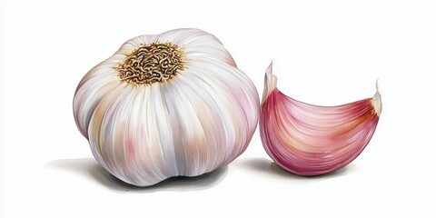 Fresh garlic bulb and clove on white background