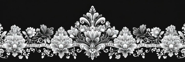 Elegant grayscale floral damask border design.