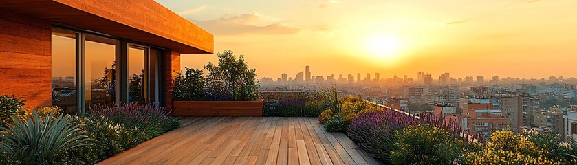 Serene Rooftop Garden Overlooking Cityscape at Sunset Providing Healing Oasis for Hospital Patients and Visitors