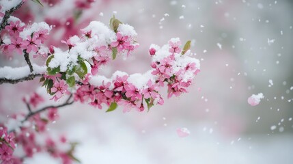 Obraz premium Pink blossoms on a branch covered in snow with snowflakes falling.