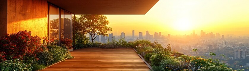 Rooftop Oasis Serene Hospital Garden with Cityscape and Warm Sunlight