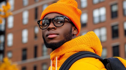 Urban Cool: A young man with a confident gaze, sporting a trendy orange beanie and matching hoodie, radiates style and urban cool. His thoughtful expression adds depth to his image.