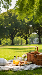 Charming Afternoon Picnic in a Sunlit Park - A Display of Decadent Food and Tranquility