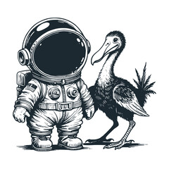 The cute astronaut with a Dodo bird. Black white vector icon and logo illustration © Maryoto