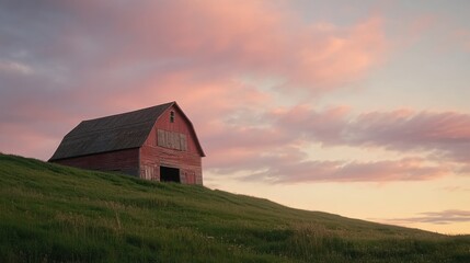 Obraz premium Red barn on grassy hill at sunset.