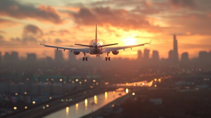 Fototapeta premium Majestic Sunset Landing of an Airplane over City Skyline with Vibrant Colors and Reflections in Water, Capturing the Essence of Travel and Adventure