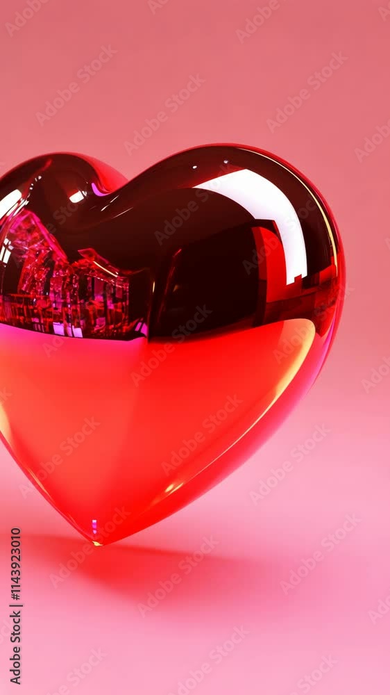Poster bright red glossy heart shape reflecting a vibrant background in a soft light setting