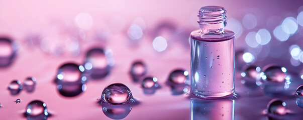 Serum or water drops on purple gradient surface background. Toner or cleanser lotion, hyaluronic serum. Clear liquid skin care cosmetic product texture with bubbles