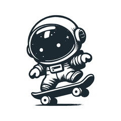 The Cute astronaut playing skateboard. Black white vector icon and logo illustration © Maryoto